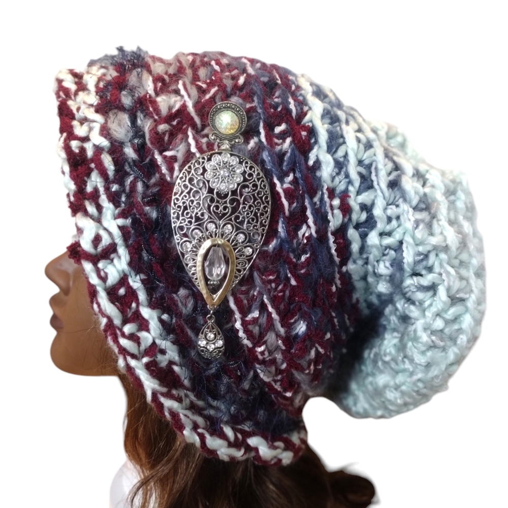 Handmade unique bohemian slouchy beret knit hat burgundy blue